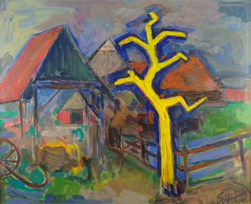 Boerderij met gele boom